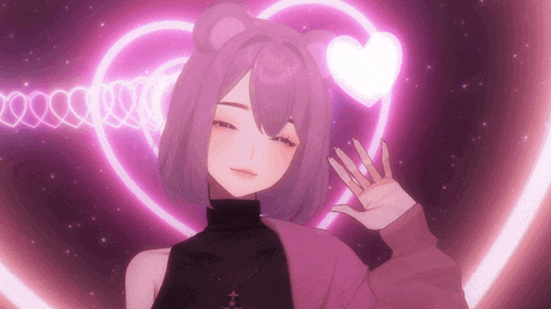 a girl with purple hair is standing in front of a heart