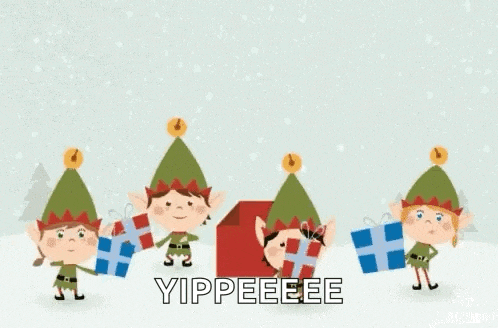 a group of elves are holding gifts in their hands and standing next to each other .