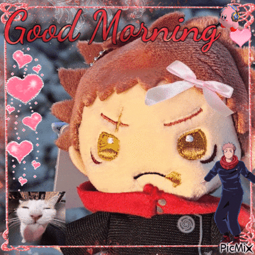 a picture of a stuffed animal that says good morning on it