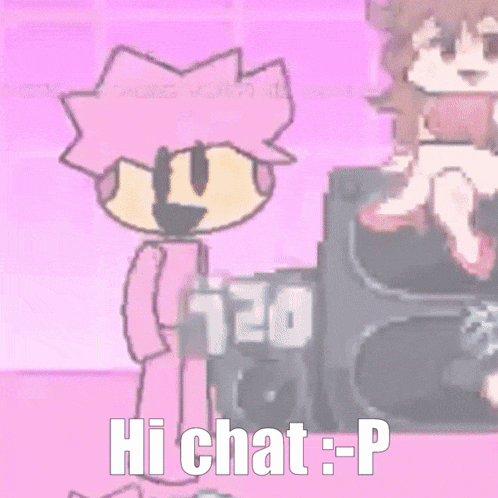 a pink cartoon character with a scarf around his neck is standing next to a speaker and says hi chat : p .