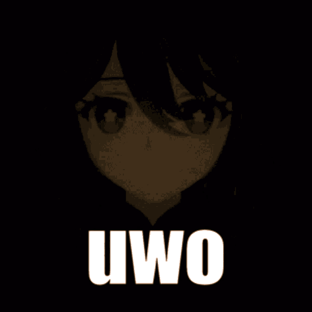 a close up of a girl 's face with the words uwo written on it
