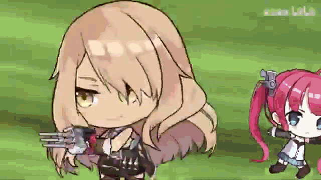 a cartoon of a girl holding a gun next to another girl
