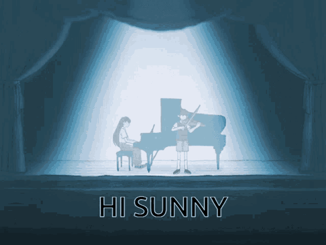 a poster for hi sunny shows a girl playing a violin and a boy playing a piano