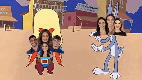 a group of people are posing for a picture with bugs bunny in front of a sign that says ken champin veterinary