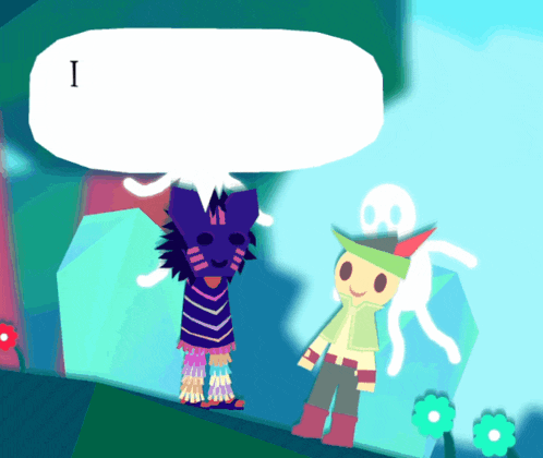 a cartoon character with a speech bubble with the letter i on it