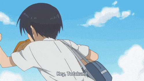 a cartoon of a boy running with the words " hey tadkuni " written on the bottom