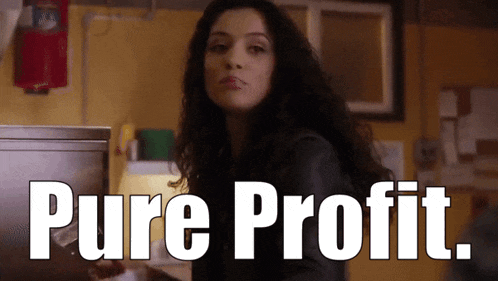 a woman with curly hair is standing in front of a sign that says " pure profit "