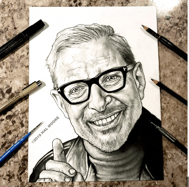 a black and white drawing of a man with glasses and a beard