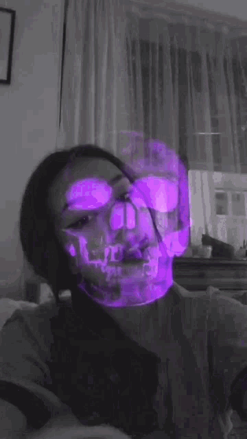 a woman with purple smoke coming out of her nose