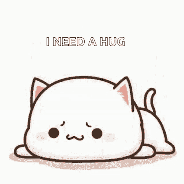 a cartoon cat is laying down on the ground and says `` i need a hug '' .