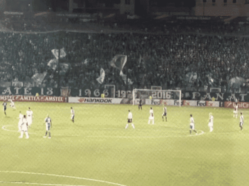 a soccer game is being played in a stadium with ads for fedex and hankook