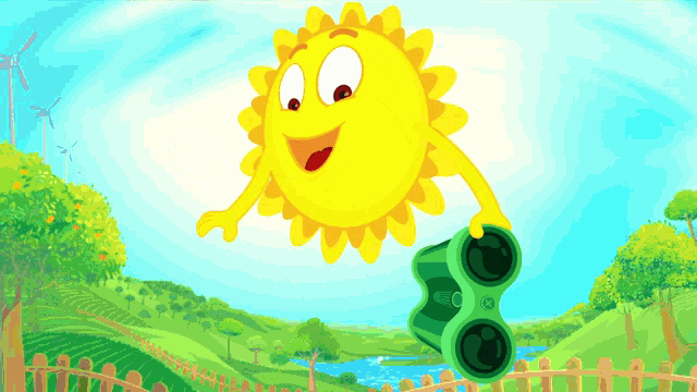 a cartoon sun is holding a pair of binoculars over a field