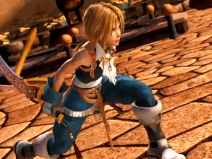 a video game character is holding a sword in her right hand