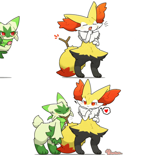 a cartoon drawing of a fox and a cat with a heart on it