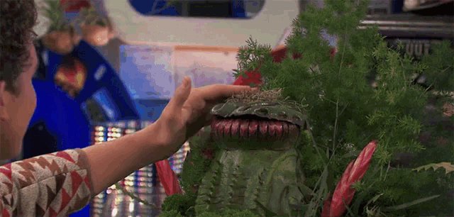 a man is touching a green monster with sharp teeth surrounded by plants and flowers .