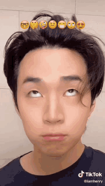 a man with a bunch of emojis on his head has a tiktok sticker on his face