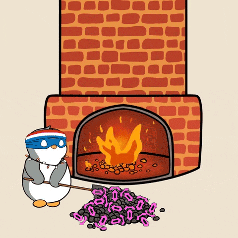 a penguin is standing in front of a fireplace