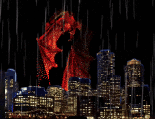 a red dragon is flying over a city in the rain