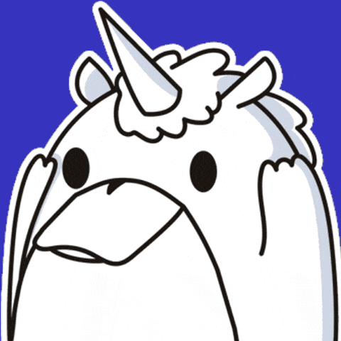 a cartoon drawing of a bird with a unicorn horn on its head