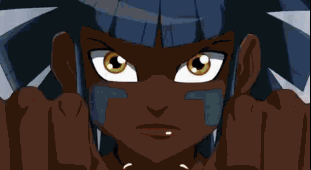 a close up of a cartoon character with a blue hair