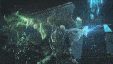 a painting of a statue with a blue light coming out of its mouth .