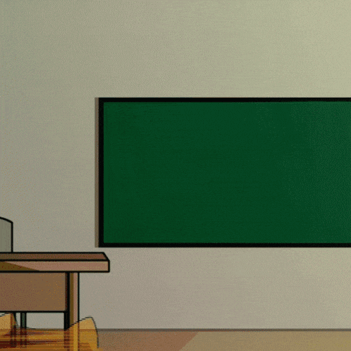 a cartoon drawing of a classroom with a green board and chairs