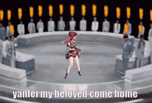 a video of a girl dancing with the words yanfei my beloved come home on the bottom