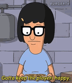 a cartoon character from bob 's burgers is holding a plate of food and saying " gotta keep the players happy "