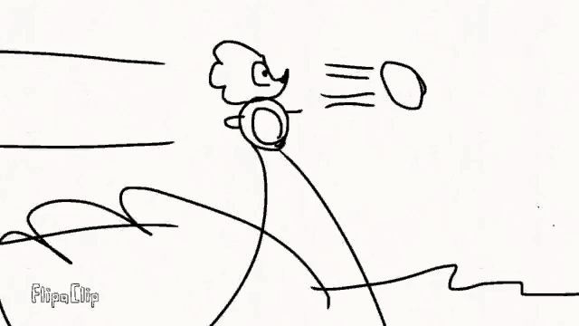 a black and white drawing of a stick figure flying through the air with a balloon in its mouth .
