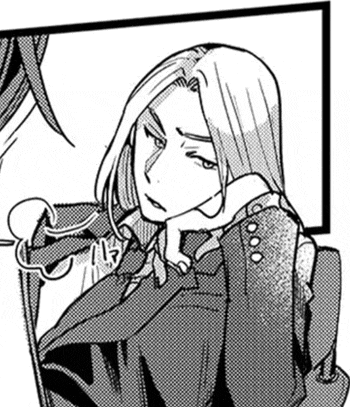 a black and white drawing of a woman in a suit sitting down .