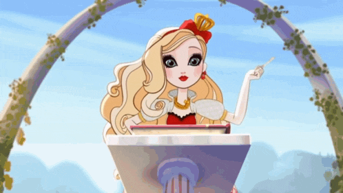 a cartoon of a girl sitting at a podium pointing at something