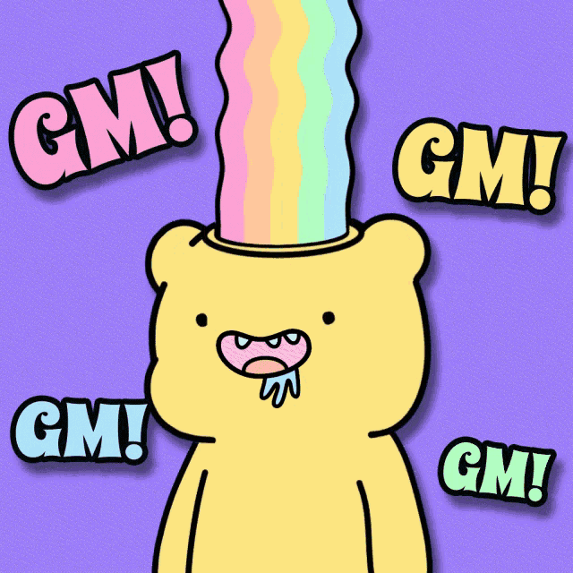 a cartoon bear has a rainbow coming out of his head and the words gm surround him