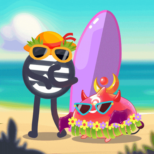a cartoon illustration of a devil and a zebra standing on a beach