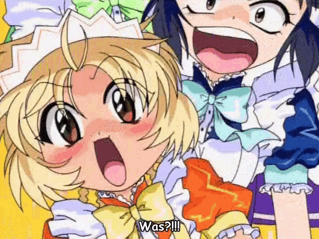 two anime girls are standing next to each other and one of them is saying " was " .