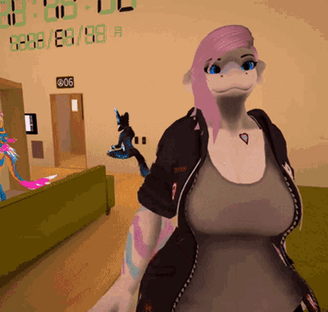 a woman with pink hair is standing in front of a digital clock that says 2:08