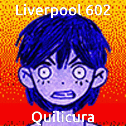 a drawing of a boy with blue hair and the words liverpool 602 quilicura on the bottom