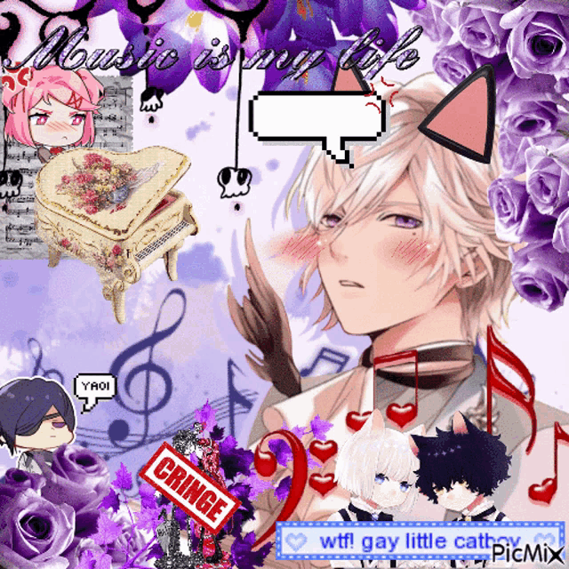 a picture of a boy with a cat ear and the words music is my life