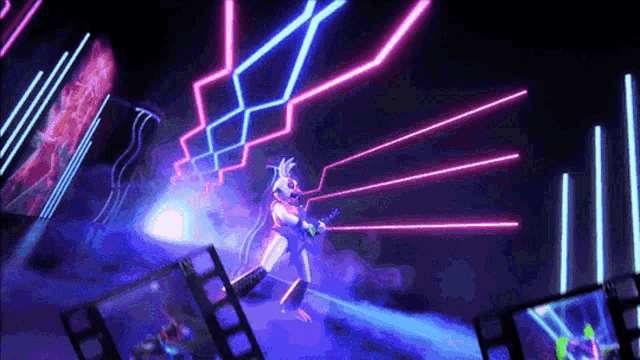a cartoon character is playing a guitar on a stage with neon lights behind her .