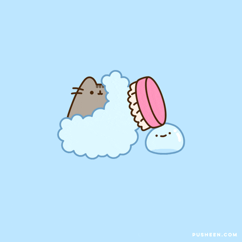 a cartoon of a cat taking a bath with pusheen.com written on the bottom right