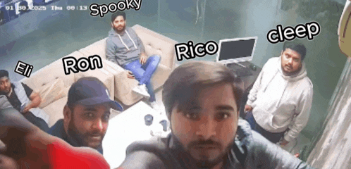 a group of men are posing for a picture with the words spooky ron rico and deep written around them