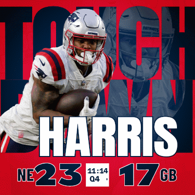 an advertisement for patriots running back harris with a red background