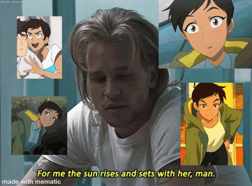 a man is surrounded by pictures of anime characters with the caption for me the sun rises and sets with her man made with mematic
