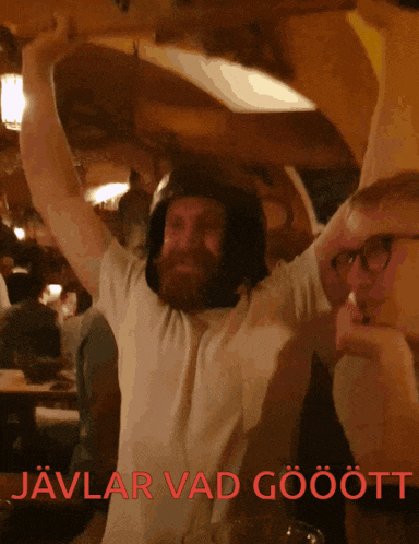 a man with his arms in the air with the words " javlar vad goott " written on the bottom