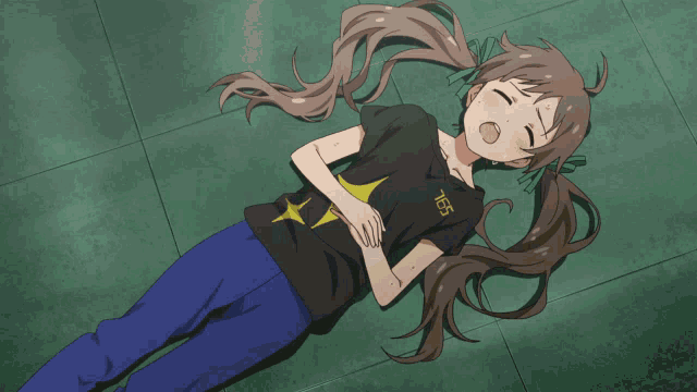 a girl is laying on the floor wearing a black shirt that says tbs on it