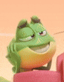 a frog is smiling and sitting on a pink chair .