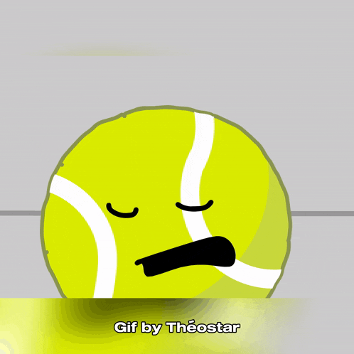 a cartoon drawing of a tennis ball with a surprised look on his face