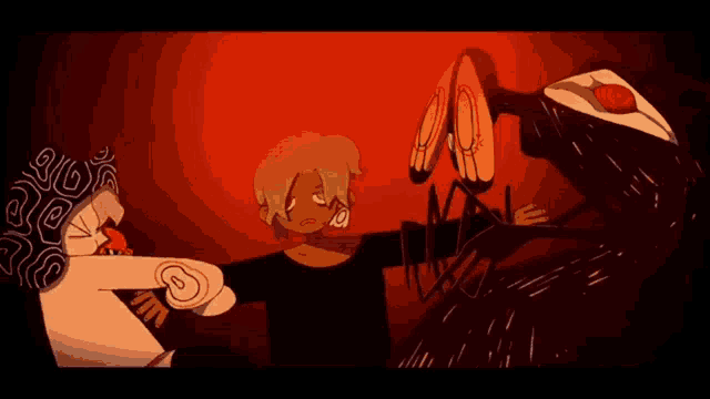 a cartoon of a woman standing next to a monster with a red head