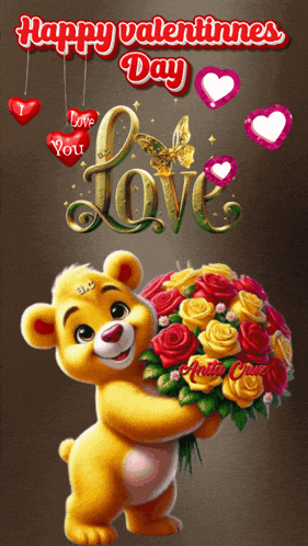 a teddy bear is holding a bouquet of roses with the words happy valentines day