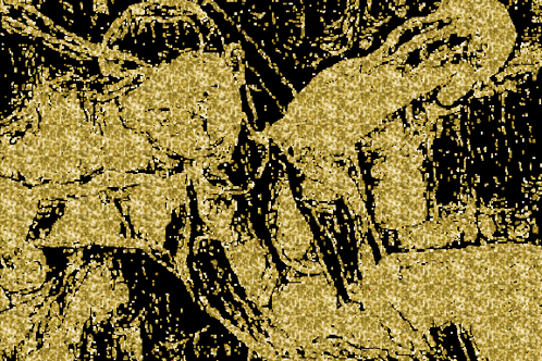 a black and gold background with a few small dots