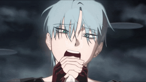 a cartoon character with blue hair and green eyes